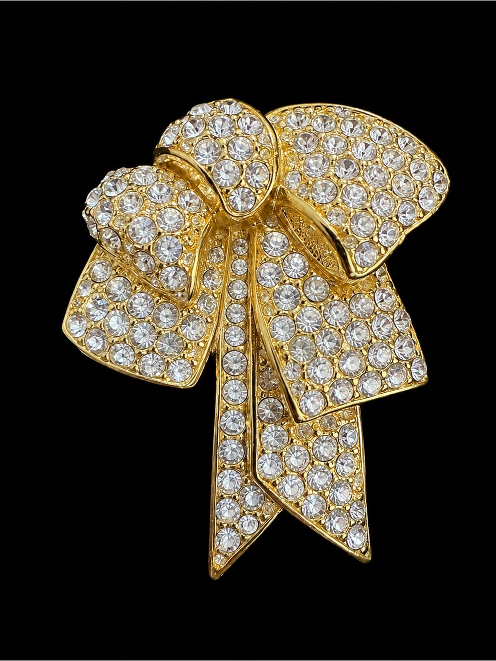 Signed Nolan Miller Glamour Collection Pave Crystal Bow Brooch Gold Tone